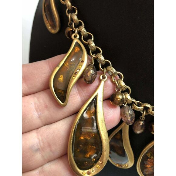 1953 CHICO'S gold tone faux amber statement drop necklace 16-20" - Picture 3 of 3